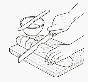 Cutting Prints: Black and white illustration of using bread knife to cut baguette into thick slices
