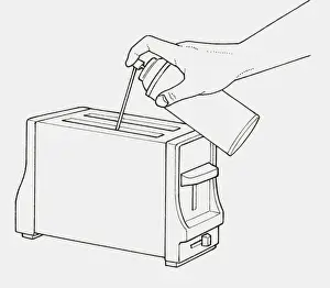 Toaster Prints: Black and white illustration of using compressed air spray to blow crumbs from toaster