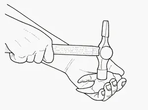 Crack Prints: Black and white illustration of using hammer to crack crab claw cupped in palm of hand