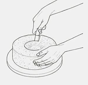 Images Dated 8th December 2009: Black and white illustration of using knife to remove centre of cake