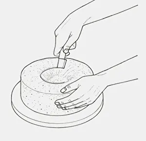 Black and white illustration of using knife to remove centre of cake
