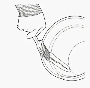 Glove Prints: Black and white illustration of using paintbrush to waterproof grout covering crack in terracotta po