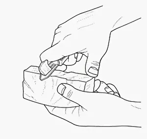 Preparing Food Prints: Black and white illustration of using peeler to shave hard cheeses