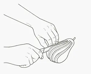 Pear Prints: Black and white illustration of using sharp knife to slice pear into fan shape
