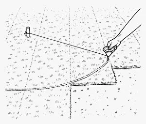 Image Sequence Collection: Black and white illustration of using spout and string to mark curve in lawn