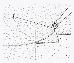 String Prints: Black and white illustration of using spout and string to mark curve in lawn