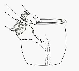 Images Dated 29th September 2009: Black and white illustration of using trowel to repair crack in terracotta plant pot with grout