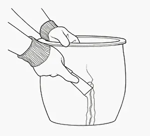 Glove Prints: Black and white illustration of using trowel to repair crack in terracotta plant pot with grout