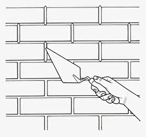 Brick Wall Prints: Black and white illustration of using trowel to smooth mortar on brick wall