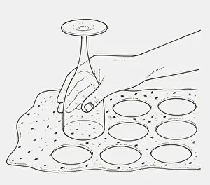 Wineglass Prints: Black and white illustration of using upturned wine glass to cut pastry