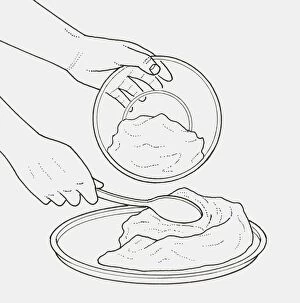 Black and white illustration of using wooden spoon to spread mixture on plate