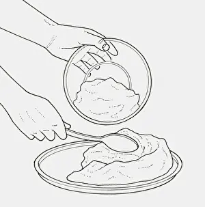 Line Drawing Prints: Black and white illustration of using wooden spoon to spread mixture on plate