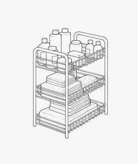 Black and white illustration of various bottles, containers, sponge, folded cloths and sheets on rack