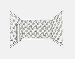Rose Flower Prints: Black and white illustration of wallpaper on walls decorated with old-fashioned