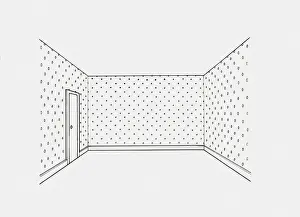 Home Improvement Prints: Black and white illustration of wallpaper on walls decorated with simple repetitive pattern