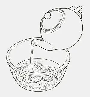 Pouring Prints: Black and white illustration of water being poured onto dried fruit in a bowl, to soak