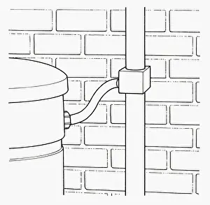 Brick Wall Prints: Black and white illustration of water storage tank connected to downpipe