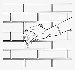 Brick Wall Prints: Black and white illustration of wearing washing up glove on hand to sponge brick wall