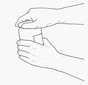 Resourceful Prints: Black and white illustration of wearing washing up glove to unscrew jar lid