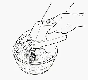Ingredient Prints: Black and white illustration of whisking ingredients in bowl using electric whisk