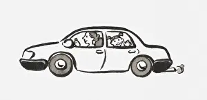 Daughter Prints: Black and white illustration of woman driving a car and girl on the back seat waving