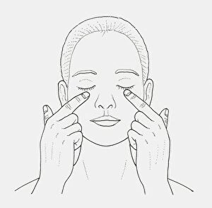 Images Dated 22nd January 2010: Black and white illustration of woman massaging skin under her eyes with her fingers