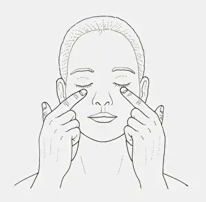 Human Eye Prints: Black and white illustration of woman massaging skin under her eyes with her fingers