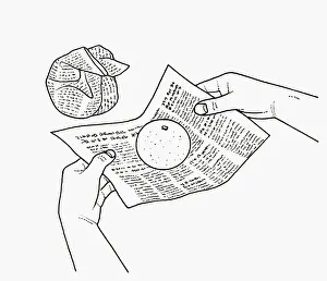 Rolling Prints: Black and white illustration of wrapping citrus fruit in newspaper