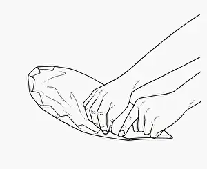 Black and white illustration of wrapping fish in baking parchment parcel