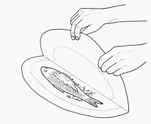 Wrapped Prints: Black and white illustration of wrapping fish in nonstick baking parchment