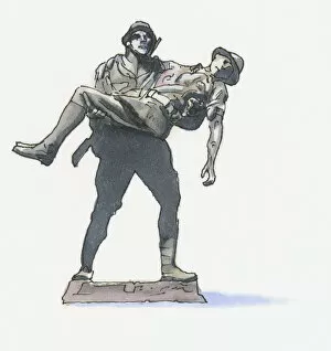 Black and white llustration of Mehmetcik Memorial, showing Turkish Soldier carrying an Australian Soldier, Gallipoli