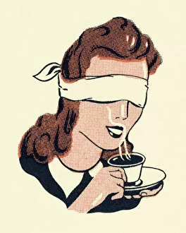 Images Dated 30th November 2016: Blindfolded Woman Drinking Coffee