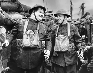 Prints of 1938: British-born actor Stan Laurel (1890 - 1965) (R) and his comedy partner, American actor Oliver Hardy (1892 -1957), wear military uniforms in a trench in a still from director John G Timeless Comedy Icons: Classic Moments from the Legendary Duo: Block Heads