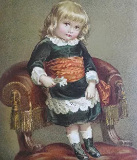Images Dated 23rd July 2017: Blond girl standing on chair, her first portrait
