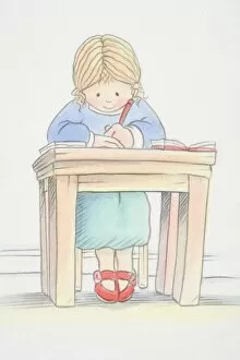 Images Dated 1st August 2006: Blonde girl in green skirt, blue jumper and red shoes sitting by small desk and writing