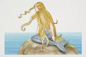 Blonde mermaid sitting on sea rock, side view