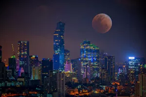 Spectacular Blood Moon Art Gallery: Bloody moon Bangkok night view with skyscrape