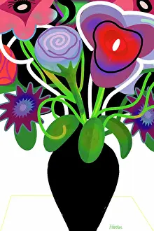 Prints of Bouquet of Flowers in a black vase pattern illustration in bright and vivid colors. Blooms, vines, foliage, and twisting lines Quirky Art Illustration Prints: Blooming Abstract Flowers in Black Vase Vivid Color Illustration