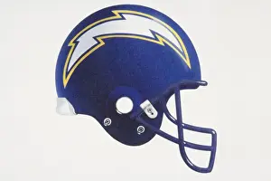 Logo Prints: Blue American football helmet with lightning-shaped team logo, side view