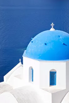 Cross Gallery: Blue domed church and sea, Santorini, Greece