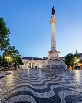 Blue Hour Prints: Blue hour at Praca Dom Pedro with the famous wave pattern in Lisbon, Portugal