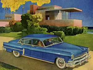 Vintage Car Illustrations Gallery: Blue Vintage Car Infront of House