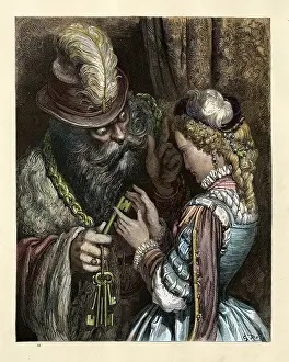 Prints of Vintage engraving of Bluebeard giving his wife the keys to the castle. Fairy Tales of Charles Perrault illustrated by Gustave Dore Whimsical nursery rhyme artworks curated to evoke a sense of wonder and imagination: Bluebeard warning his wife not to open locked room, fairytale