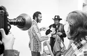 Prints of NEW YORK - MAY 6: Guitarists Bo Diddley and Chuck Berry (on the left) relax backstage at Madison Square Garden in the concert movie ´Let the Good Times Roll´ on May 6, 1972 in New York City Bo Diddley: Rhythm & Riffs Prints: Bo Diddley & Chuck Berry Let The Good Times Roll