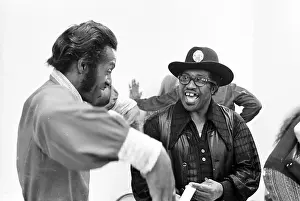 Prints of NEW YORK - MAY 6: Guitarists Bo Diddley and Chuck Berry (on the left) relax backstage at Madison Square Garden in the concert movie ´Let the Good Times Roll´ on May 6, 1972 in New York City Bo Diddley: Rhythm & Riffs Prints: Bo Diddley & Chuck Berry Let The Good Times Roll