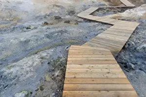 Thermal Area Prints: Boardwalk for tourists leading through the Seltun geothermal area near Krysuvik or Krisuvik