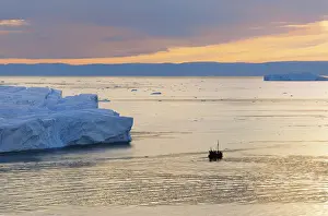 Disko Bay Prints: Boat near Icebergs
