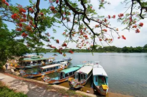 Center Prints: A boat station at Perfume River (Huong river) near Thien Mu pagoda, Hue, Vietnam