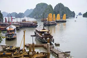 Cargo Container Prints: Boats and rocky islands in Vietnamese harbor