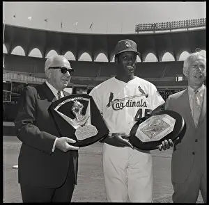 Plaque Prints: Bob Gibson Holding Award Plaques